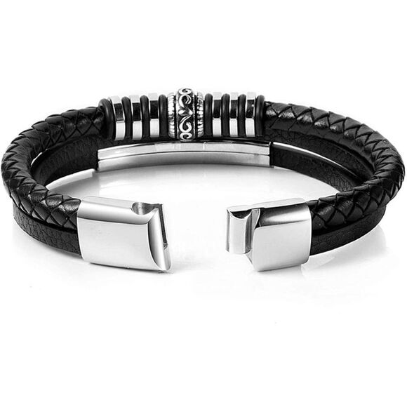 🎉HP🎉Men’s Black Leather Triple Strand Steel Bracelet - Picture 4 of 6
